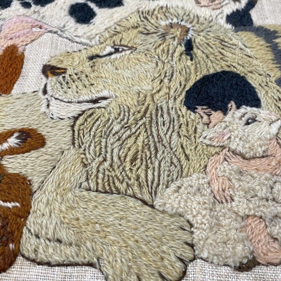 Vtg Framed Crewel Wall Hanging Isaiah 11:6-7 Biblical Large Finished Embroidery - Picture 10 of 16